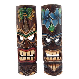 Wowser Hand Crafted Polynesian Hawaiian Style Floral Painted Tiki Masks, Wall Décor, Set of 2 Assorted Colors,19 Inches