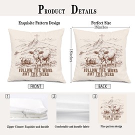 XUNLURY Vintage Farmhouse Cow Christian Pillow Covers 18x18, Christian Room Home Decor, Isaiah 8:11-13 Bible Verse Religious Decorative Throw Pillow Covers for Bedroom Living Room Home