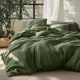 Bedsure Linen Duvet Cover Queen - Linen Cotton Blend Bedding Set, Soft & Cozy, 3 Pieces, 1 Duvet Cover 90x90 Inches and 2 Pillowcases, Olive Green Color Cooling Bedding, Comforter Sold Separately