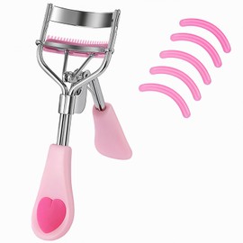 Rizador de pestañas de acero inoxidable con peine integrado, sin dolor, adecuado para cualquier forma y tamaño de ojos, con 5 almohadillas de repuesto de silicona (rosa claro)