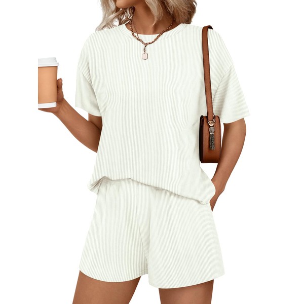 Women's Two Piece Sets Short Sleeve Crewneck Outfits Ribbed Textured