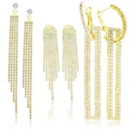 3 Pairs Womens Rhinestone Earrings Long Tassel Chain Drop Dangle Earrings Sparkly Club Wedding Jewelry Gold
