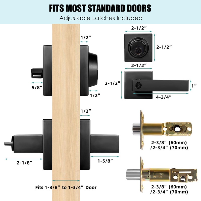 Square Exterior Door Handle with Deadbolt, Matte Black Entry Door