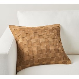 Genuine Lamb Leather Cushion Pillow Cover - Luxury Leather Pillow Case - Modern, Boho, Farmhouse Home Decor - Bedroom Couch, Living Room, Sofa Bed (Basketweave - Camel, 22" x 22")