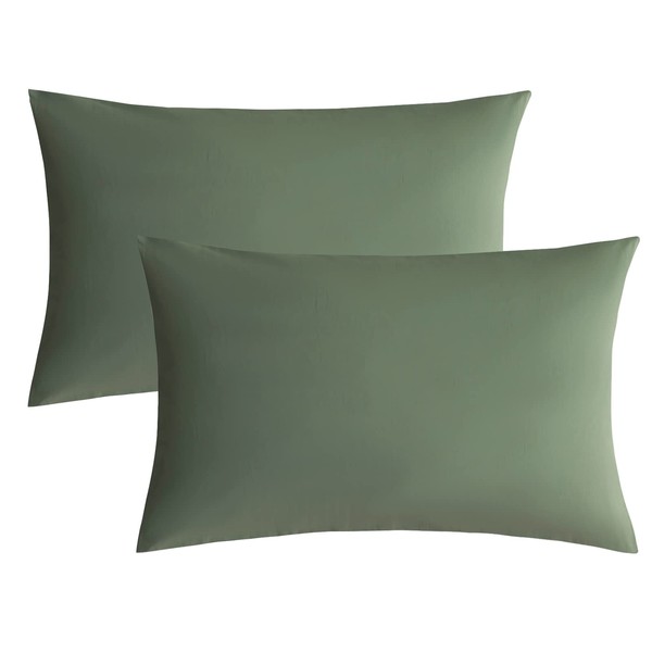JELLYMONI Green 100% Washed Cotton Pillowcases Set, 2 Pack Luxury Soft Breathable Pillow Covers with Envelope Closure(Pillows are not Included)(Green, Standard/Queen(20"x26"))