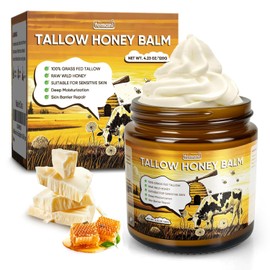 Beef Tallow for Face & Body - 4 Oz Organic Grass-Fed Beef Tallow Balm with Raw Honey Blend - Moisturizing Cream for Soft, Smooth Skin -All-Natural Deep Nourishing Tallow Balm for All Skin Types