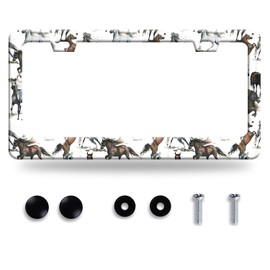 Watercolor Painting Horses License Plate Frame Animal License Plate Stainless Steel Auto Parts Funny License Plate Decorative with Screws Size 12.3" x 6.3" for Women Men