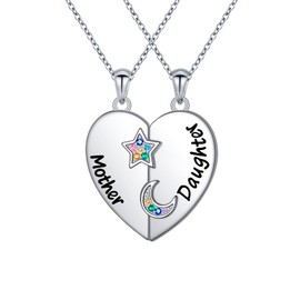 DAOCHONG S925 Sterling Silver Daughter Mother Heart Pendant Necklace Jewelry from Mom Birthday Mama Set 2 Moon Stars