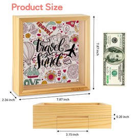 QYINXIU Large Piggy Banks for Children, 8INCH Coin Bank Money Bank, Wood Money Box, Travel Fund Printed On The Plexiglass Front, Decorative Shadow Box Wooden Frame (Large Travel)