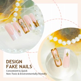 BABALAL Square Press on Nails Long Fake Nails Gold Glue on Nails Luxury Cross Charm Goth Design Acrylic Nails 24Pcs Squoval False Nails