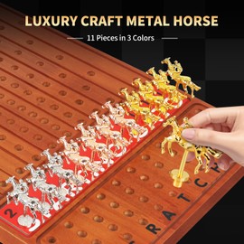 Fujmape Metal Horse Racing Board Game Card Board Game Luxury Edition Solid Wood Horse Race Board Game with 11 Metal Model Horses 2 Sets of Dice and 2 Boxes of Cards for Parties (Flame Brown)