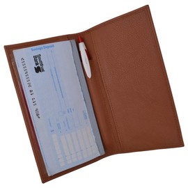 Swiss Marshall Genuine Cow Napa Leather Slim Checkbook Cover With Pen Holder (Tan)