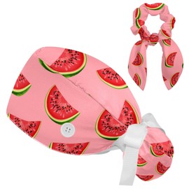 CHENZZZZ Pink Watermelon Pattern Working Hat Adjustable Scrub Cap with Buttons and Bow Hair Scrunchy for Nurse and Doctor