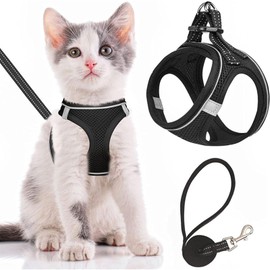 Cat Dog Harness and Lead Set, Cat Harness for Walking Escape Proof, Adjustable Small Pets Lead and Harness Set, Easy Control Breathable Leash with Reflective Strip (Black, S)