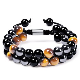 Triple Protection Bracelet - 8mm Beads Bracelet Bring Luck, Happiness and Prosperity - Genuine Tigers Eye Stone Black Obsidian and Hematite Crystal Jewelry Healing Bracelets for Men Women