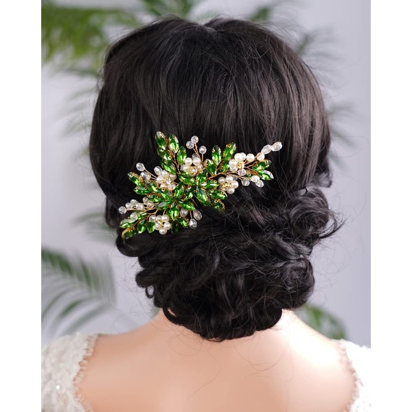 Kercisbeauty Emerald Crystal Hairpiece for Wedding Bridal Bridesmaid Pearl Side Hair Comb for Women Girls Special Occasions Handmade Jewellery (Green)