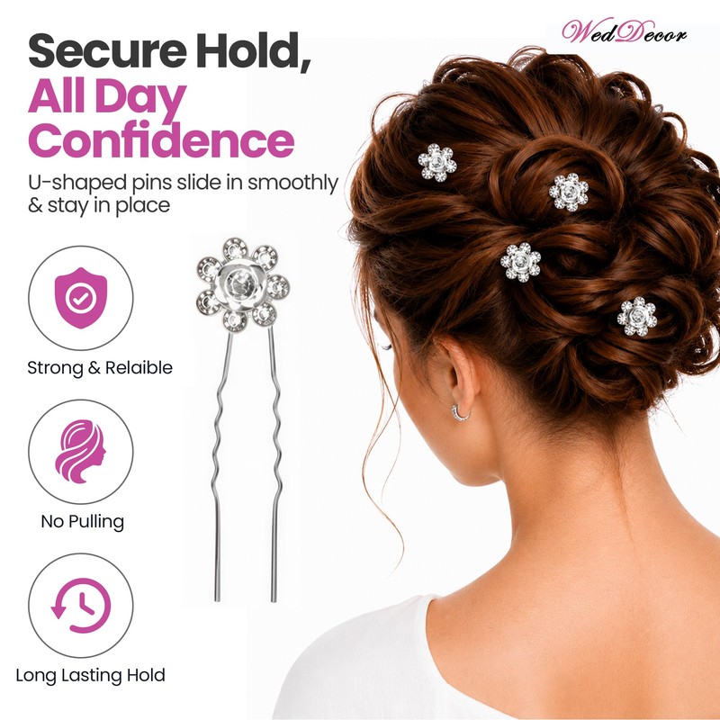 WedDecor Silver Rose Flower Crystal Rhinestone Hair Pins, Pack of