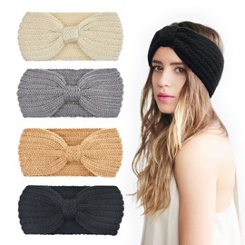 DRESHOW 4 Pack Crochet Knit Turban Headband Warm Bulky Crocheted Head Wrap Headband Ear Warmer for Women