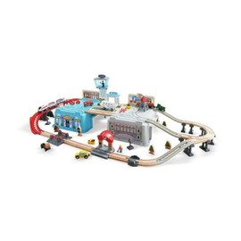 Hape Super Cityscape Transport Bucket Set | Wooden Toy Train Set with City Scenes, Plane, Battery-Powered Engine, for Children 3+ Years