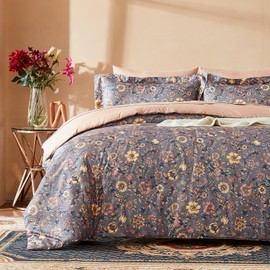 Cupocupa Floral King Size Comforter Set - Cute Vintage 3 Pieces King Comforters Size Set with Garden Botanical Design, Fluffy Shabby Chic Boho Bedding for King Size Bed with Soft Leaves Pattern