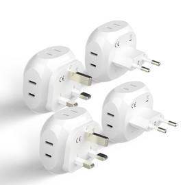 Ceptics Europe Travel Adapter Plug Set Schuko - 4 Input - Ultra Compact - Light Weight Type C, Type G - USA to Any Type C, G Countries UK, Ireland, Germany, France - 4 Pack (PT-9C-7-4PK),White