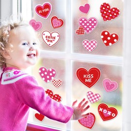 JarThenaAMCS Valentine's Day Thick Gel Clings Red Pink Love Heart Window Gel Decals for Wedding Anniversary Home Classroom Nursery Party Supplies