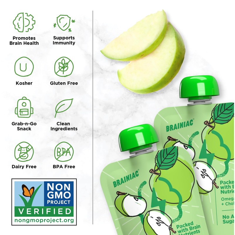 Brainiac Apple Applesauce, Unsweetened Applesauce with Vitamin C, Omega-3s &