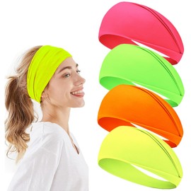 Hybursky Cotton Sports Headbands, 4 Pcs Neon Color Elastic Fitness Sweatband Unisex Wide Hair Bands Fashion Breathable Head Wrap Colorful Turban for Yoga Running Gym Cycling Stage Party Headwear