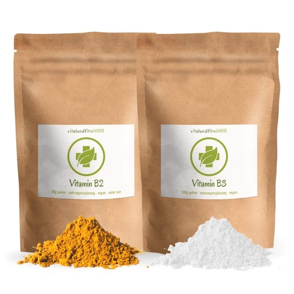 Vitamin B2 (Riboflavin) Powder 30 g + Vitamin B3 (Nicotinamide) Powder 100 g - 100% Vegan - Completely Pure without Residue - Lactose Free - No Additives and Additives