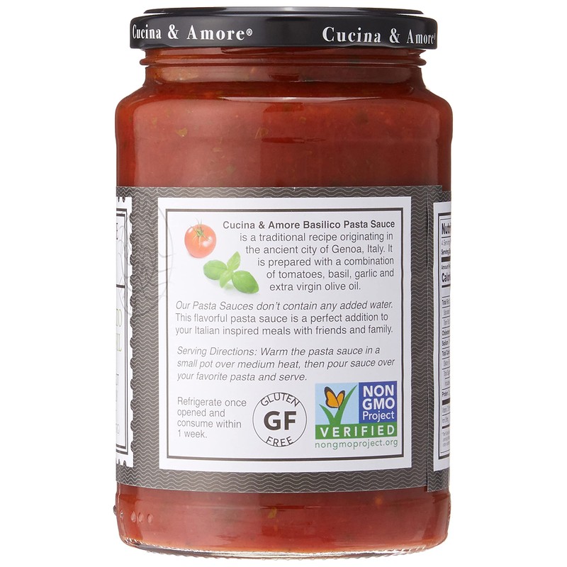 Cucina & Amore Italian Pasta Sauce Basilico Tomato, Basil &