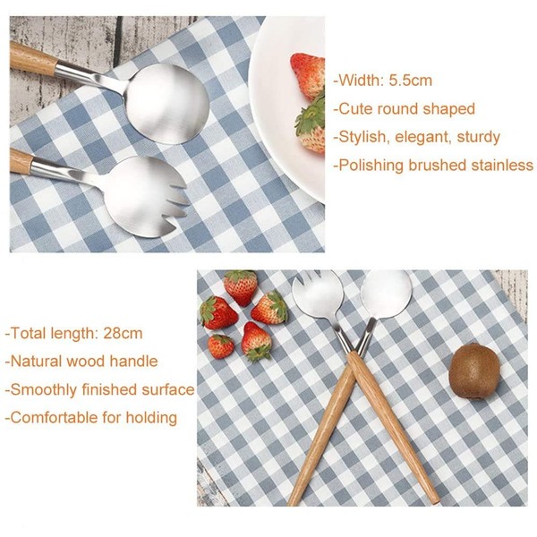 Gabriera Salad Spoon and Fork Set Stainless Steel Salad Servers with Wood Handle (Total Length: 28cm)