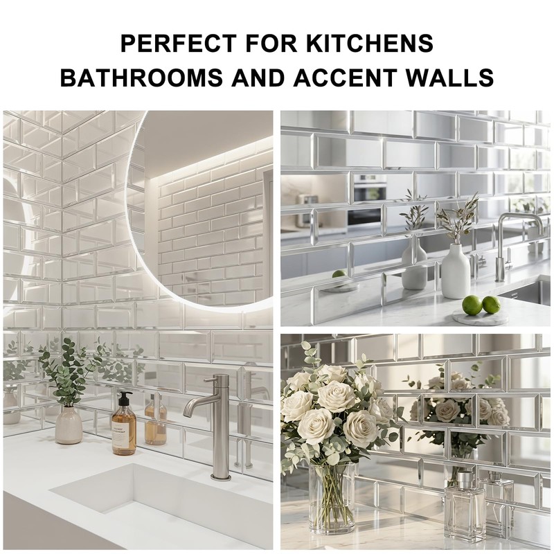 SODI MOSAIC 40-Pack Real Glass Mirror Subway Tiles, 3"x6" Beveled