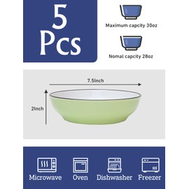 JDZTC Pasta Bowls, Set of 5, 30 Ounce Ceramic Serving Bowls for Dishwasher & Microwave Safe, 7.5 Plates for kitchen —Soup Bowl, Salad Bowl— Easy to Clean & Stackable, Simple Classic
