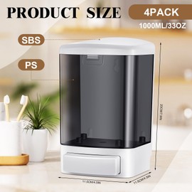 Hushee 4 Pcs Plastic Wall Mounted Soap Dispenser 33.8 oz 1000 ml Commercial Manual Soap Dispenser Containers Hand Wash Soap Wall Dispenser for Kitchen Bathroom Shower Hotel Liquid Shampoo Gel Chamber