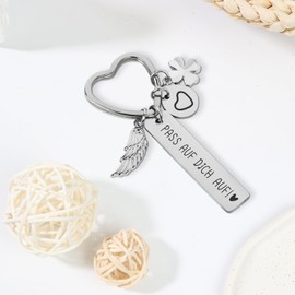 ORUZA Keyring "Pass Auf Dich Auf Dich" Keyring Lucky Charm Metal Keyring with Engraving for Women Girlfriend Boyfriend Mum Dad Daughter Sisters Friends, silver