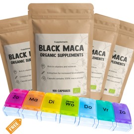 Cupplement - 4 Beutel Black Maca - Kostenlose Pillendose - 100 Kapseln - Höchste Qualität 500 MG Pro Kapsel - Keine Pulver, Arginin, Tabletten, Extrakt oder Gelb Karotte - Superfood - Peru - Wurzel