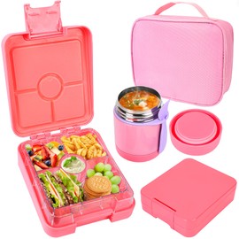 Pawtong Bento Lunch Box Set With 10oz Soup Thermo, Leak-proof Lunch Containers with 4 Compartment, Kids Hot Thermo Food Jar/Insulation Lunch Bag, Food Containers for School（Solid）