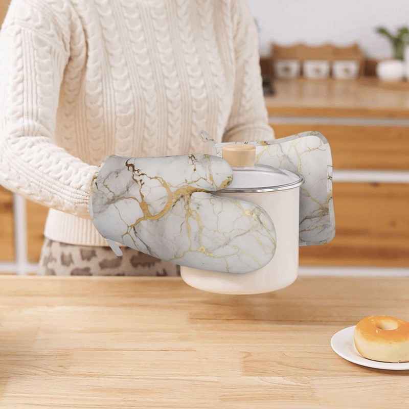Oven Mitts and Pot Holders Marble Gray Gold White Silicone