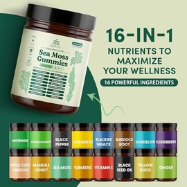 Natural Rems Sea Moss Gummies 16-in-1 - Ashwagandha Black Seed Oil Bladder Wrack Turmeric Vitamin C & D3 with Manuka Burdock Root Dandelion Yellow Doc