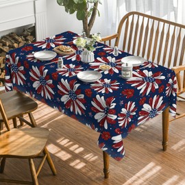 Horaldaily 4th of July Tablecloth 60×60 Inch Square, Patriotic Memorial Day Red and Blue Print Flowers Independence Day Washable Table Cover for Party Picnic Dinner Decor