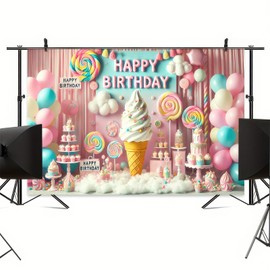 BlissYard Happy Birthday Banner 71x43 Inch Candy Birthday Banner Cotton Candy Backdrop Girl Sweet Donut Ice Cream Theme Patio Lawn House Decoration Cartoon Land Party Gift Supplies