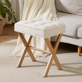 Royal Windsor Vanity Stool with Metal X Leg, Makeup Vanity Chair Foot Stool for Living Room, Small Square Ottoman Stool Foot Rest, Vanity seat for Bedroom,Linen Beige