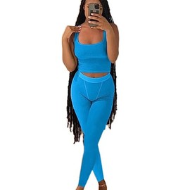 AYWA - Conjunto de entrenamiento casual de dos piezas para mujer, playera sin mangas acanalada, leggings de cintura alta, ropa activa, Mykonos, S