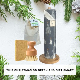 Love Our Planet 1Ply 10 Reusable Unpaper Towels, Eco Friendly Kitchen Paper Roll, Cleaning Cloths, Bamboo Dish Brush, Washing Up Sponge, Bamboo Stand Washable Non Scratch Scourer (Christmas)