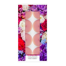 pajoma® Tea Lights Pack of 8, Roses and Berries, Scented Tea Lights in Aluminium Case, Burning Time Approx. 4 Hours, H 1.5 cm, D 3.5 cm, Decoration, Catering, Outdoor, Wind Glasses, Wedding