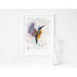 Kingfisher Bird Wall Art, Abstract Flying Bird Painting Print Picture, Bird Watcher Gift UNFRAMED A4, Crafty Cow Design