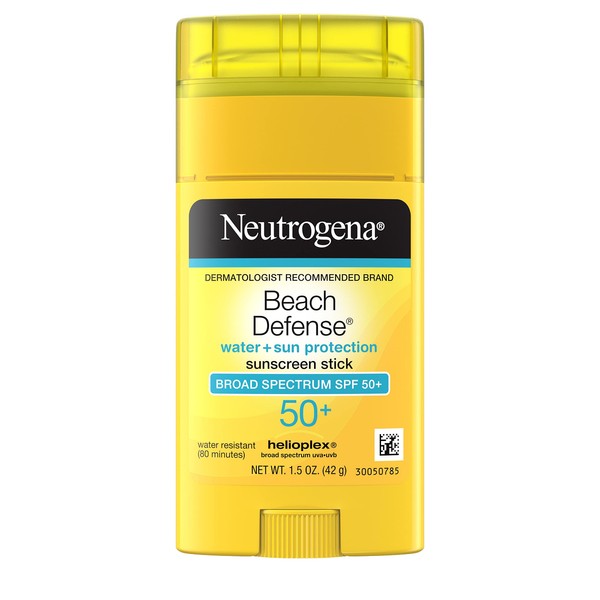 Neutrogena Beach Defense Water-Resistant Sunscreen Stick with Broad Spectrum SPF 50+, PABA-Free and Oxybenzone-Free, UVA/UVB Protection, Face & Body Sunscreen Stick, 1.5 oz