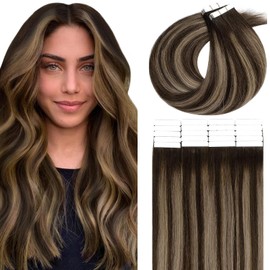 Lacer Tape In Hair Extensions 16 Inch Invisible Tape In Hair Extensions Human Hair Rooted Dark Brown To Chestnut Brown Highlight Dark Brown Seamless Double Sided Skin Weft Human Hair 50G 20Pcs