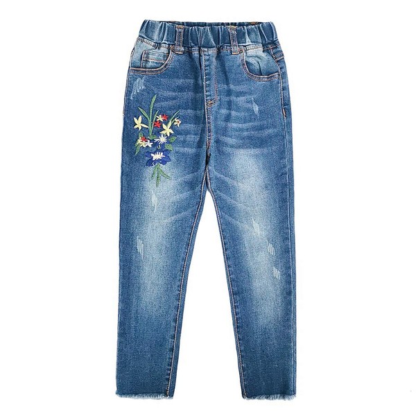 KIDSCOOL SPACE Little Girl Embroidered Jeans,Big Girls Elastic Waist Denim