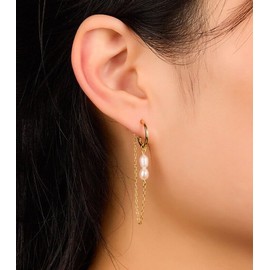 SAINT RAPHAËL Pearl Earrings for Women, 18k Gold Plated Chain Dangle Pearl Drop Hoop Earrings Hypoallergenic, Dainty Wedding Earrings (Gold)